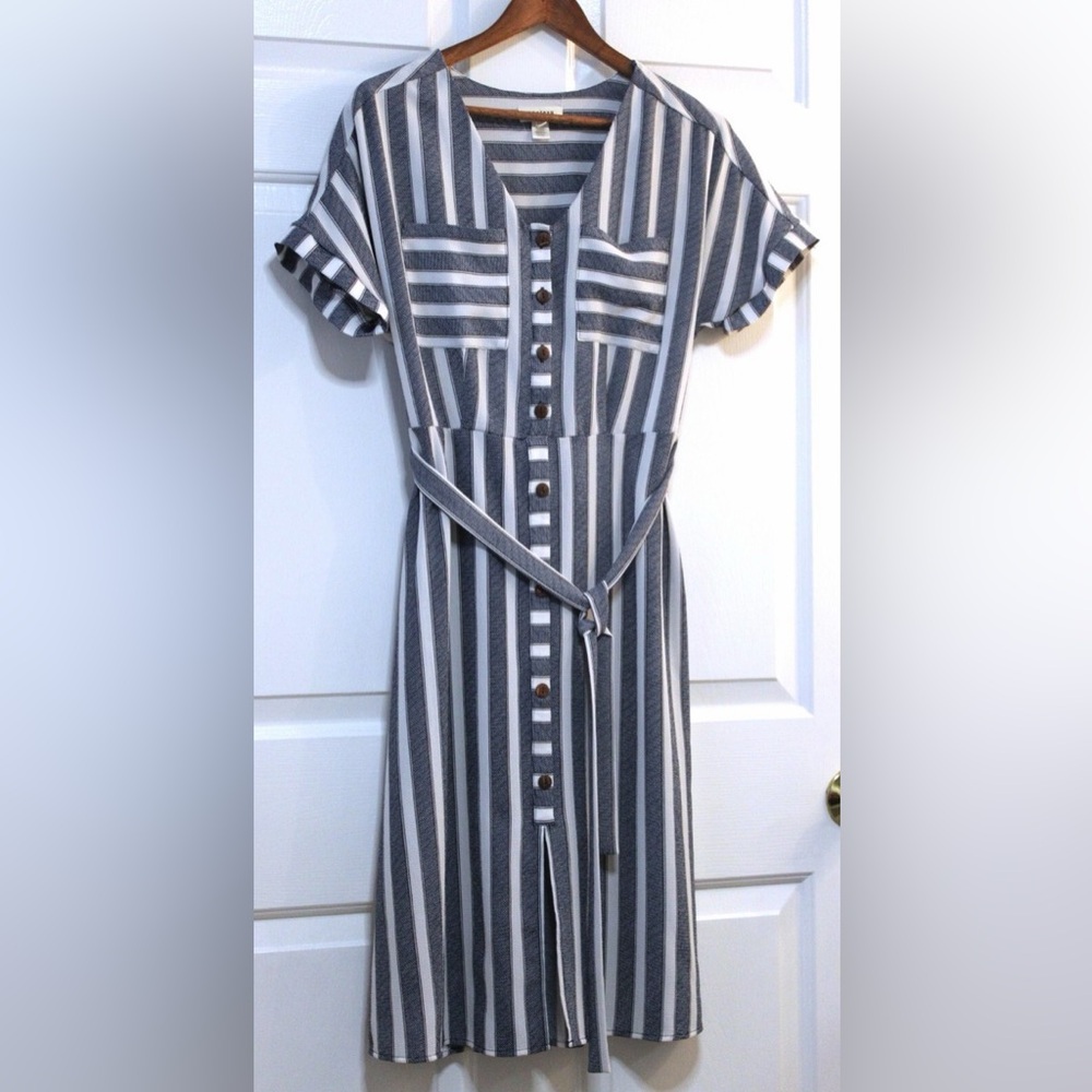 Navy and White Striped Button-Front Shirt Dress